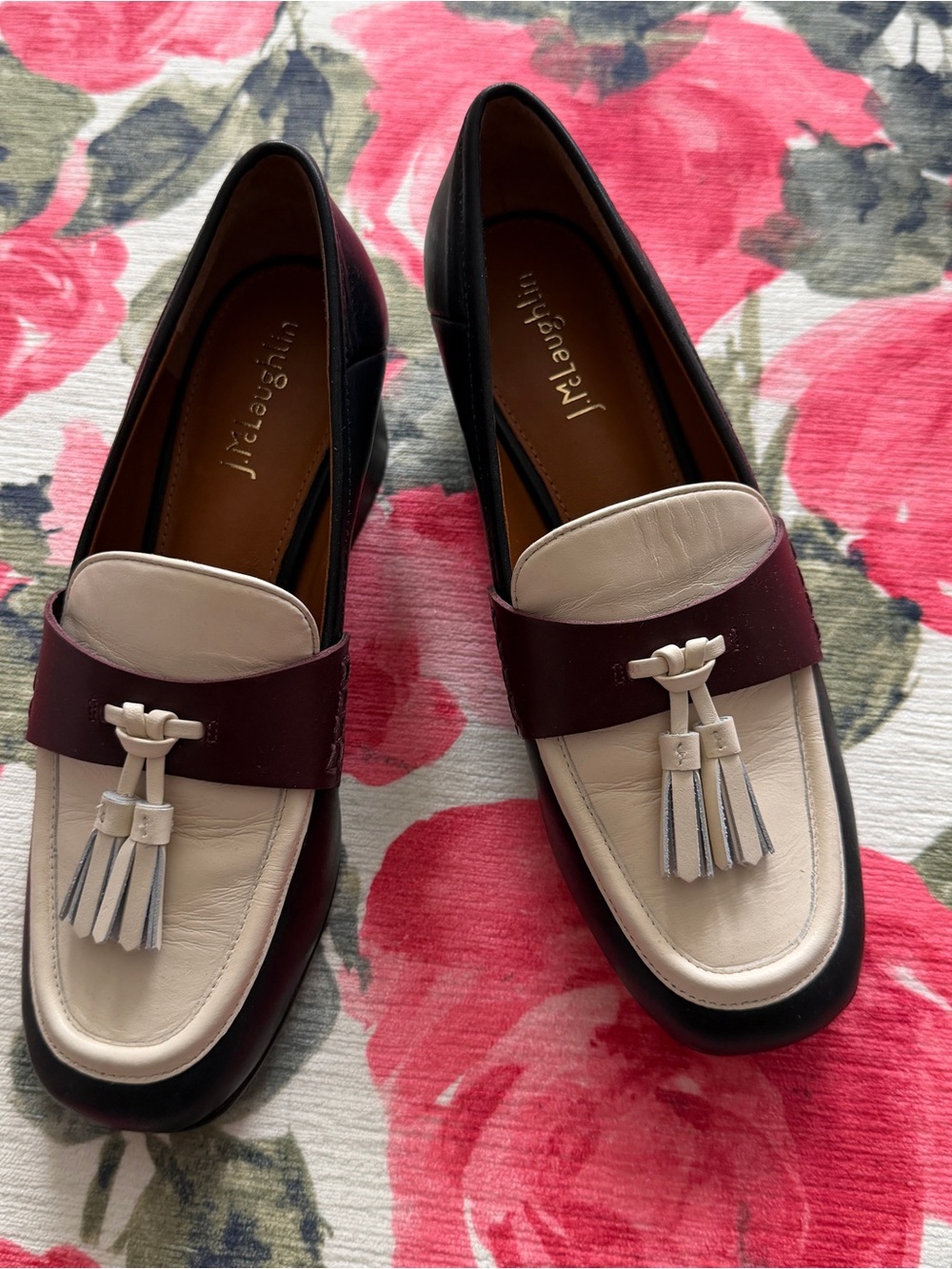 J. McLaughlin Cream and Burgundy Leather Tassel Loafers